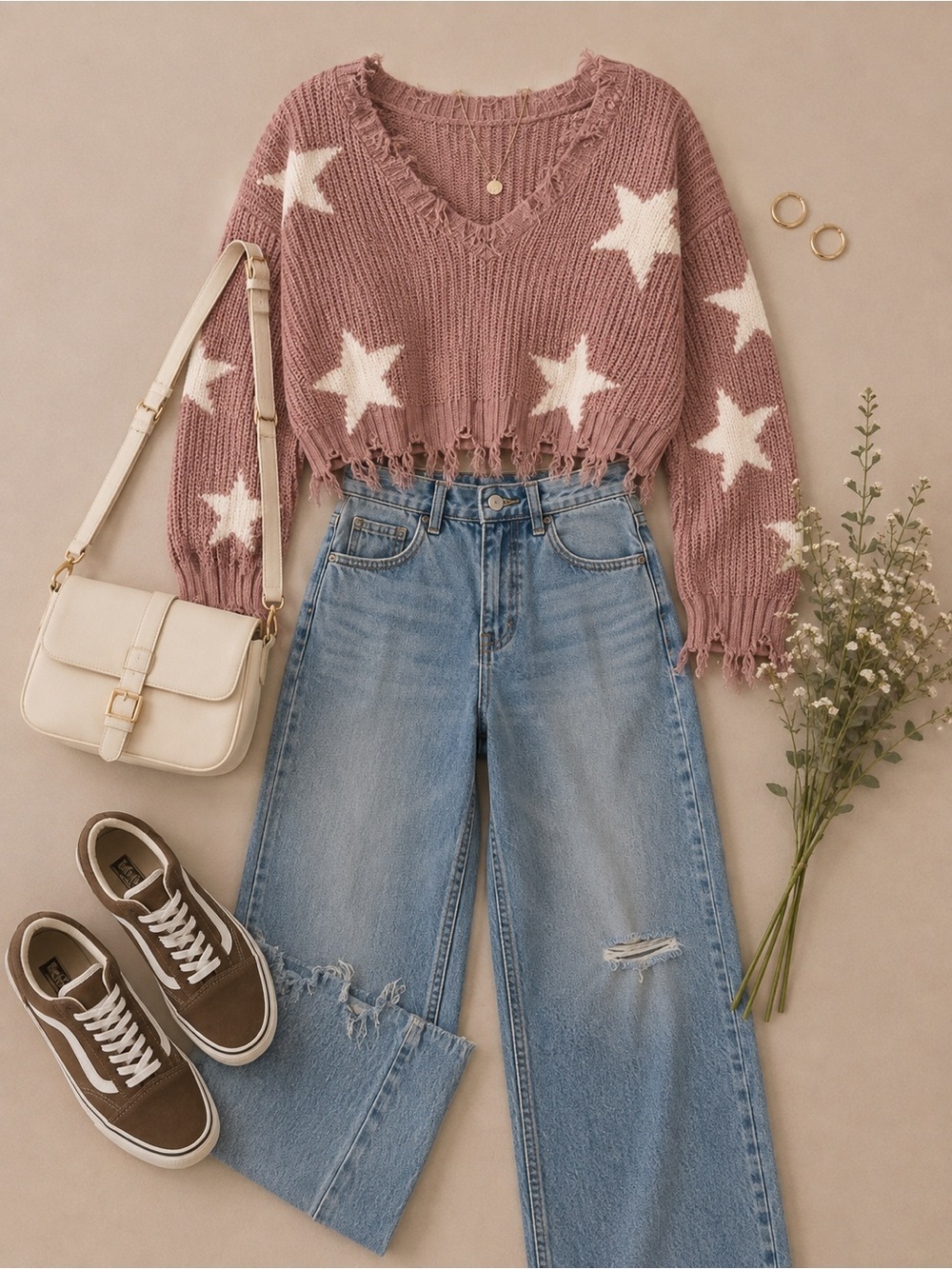 Just Polly Star Print Distressed Shark Bite Hem Sweater